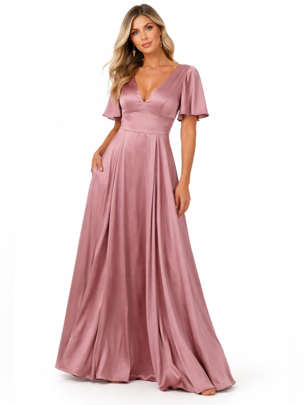 Galina Signature mauve Charmeuse Flutter-sleeve A-line Dress Size 6